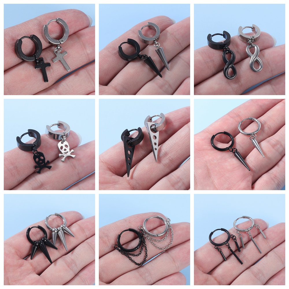 6pcs / lot Anting Hoop Rantai Rumbai Panjang Desain Tengkorak Salib Bahan Stainless Steel Gaya Punk Korea