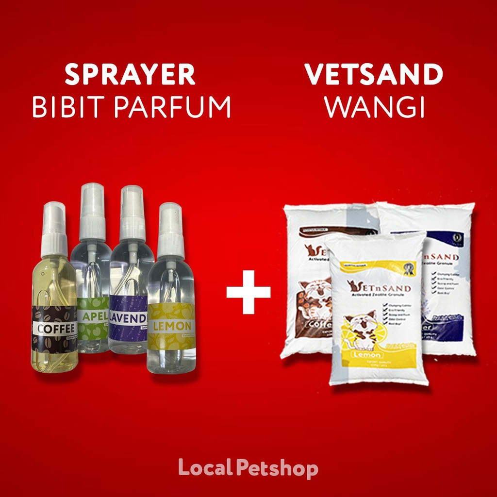 Vetsand Granule Zeolite + parfum pewangi sprayer 60ml Lavender Kopi Lemon Apel  pasir kucing gumpal