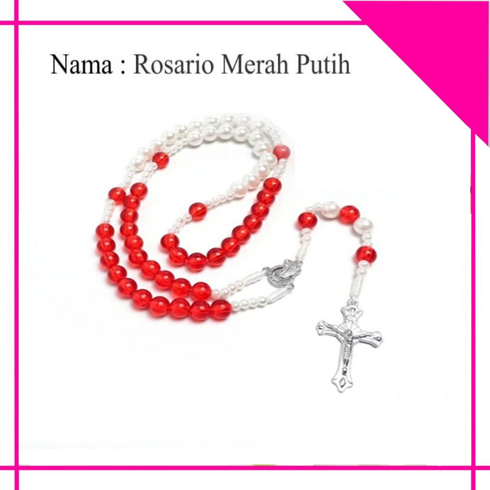 Kalung Rosario Merah Putih / Rosario Motif Salib Coklat / Rosario Akrilik Motif Mawar