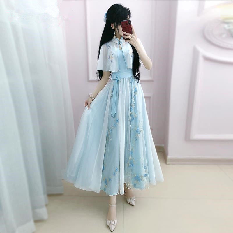 2021 new dress women's blue and white snow spun shawl National Style Embroidered improved Hanfu stud