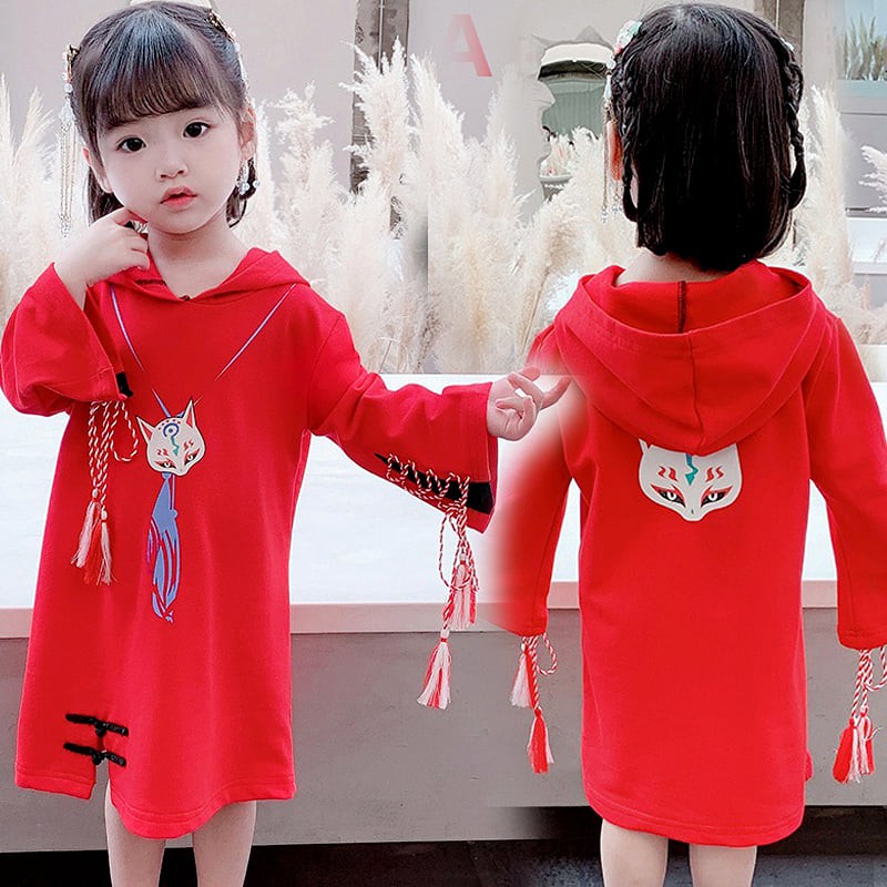 Dress Cheongsam Modern Anak Perempuan Lucky Cat RED/BLACK