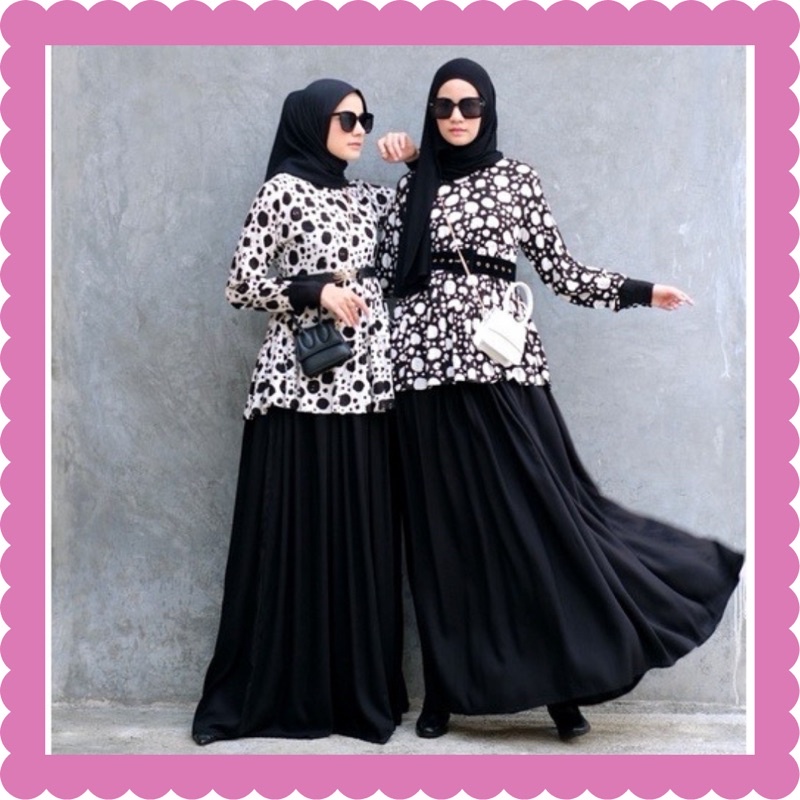 Ounadoutfit dress gothic polkadot busui wanita kekinian hitam putih / homedress rayon motif / outfit muslim motif / dress monocrom / baju polkadot wanita