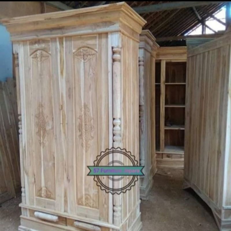 Lemari pakaian 2 pintu kayu jati mentahan