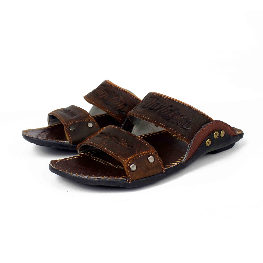 Sandal Kulit Asli - Sandal Selop Pria - Sandal Casual - Sandal Slide Harley B2 Tan