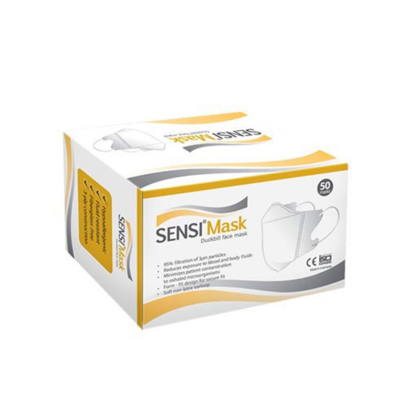 MASKER MEDIS SURGICAL SENSI DUCKBILL PUTIH EMBOSE ISI 50 PCS ORI