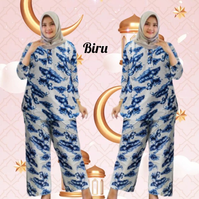 setelan celana panjang kulot set wanita - Biru, XL