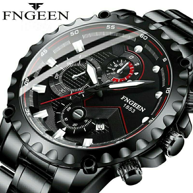 jam tangan keren FNGEEN Jam Tangan Pria Anti Air Men Fashion Watch Kalender Bisnis Rantai Stainless