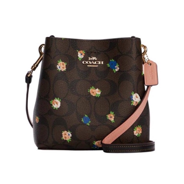 Coach Mini Town Bucket Bag Signature Canvas Vintage Mini Rose Print Brown Black Multi