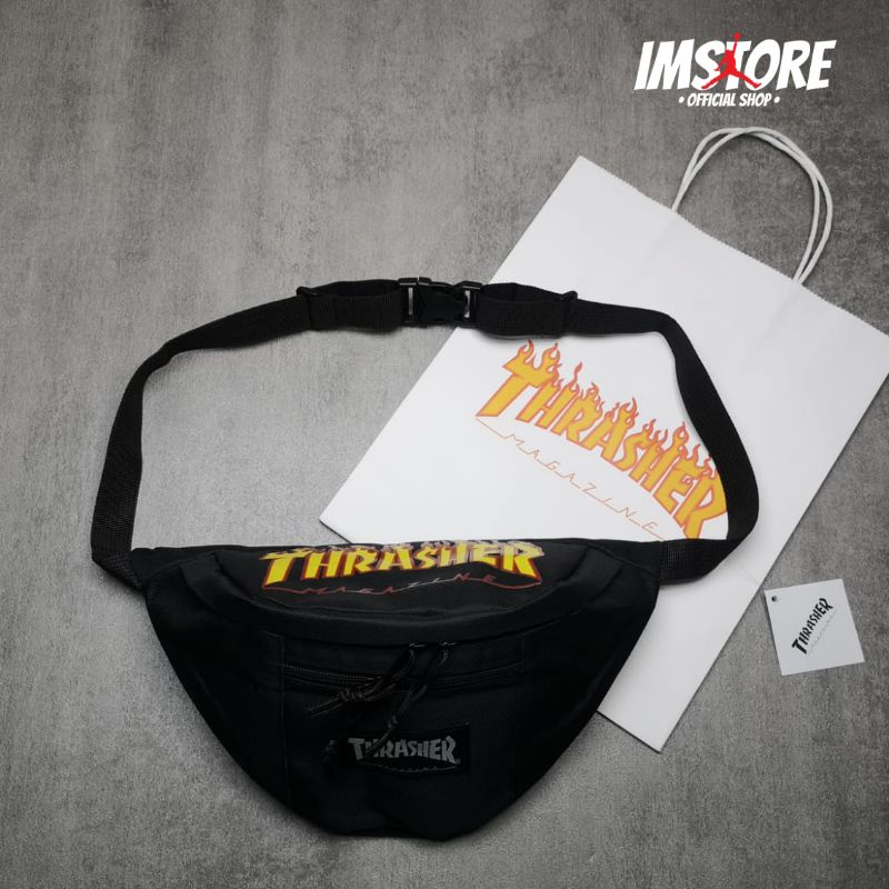 Waistbag Thrasher Flame Logo Waist Bag Black With paperbag tas pinggang pria dan wanita bonus paperbag