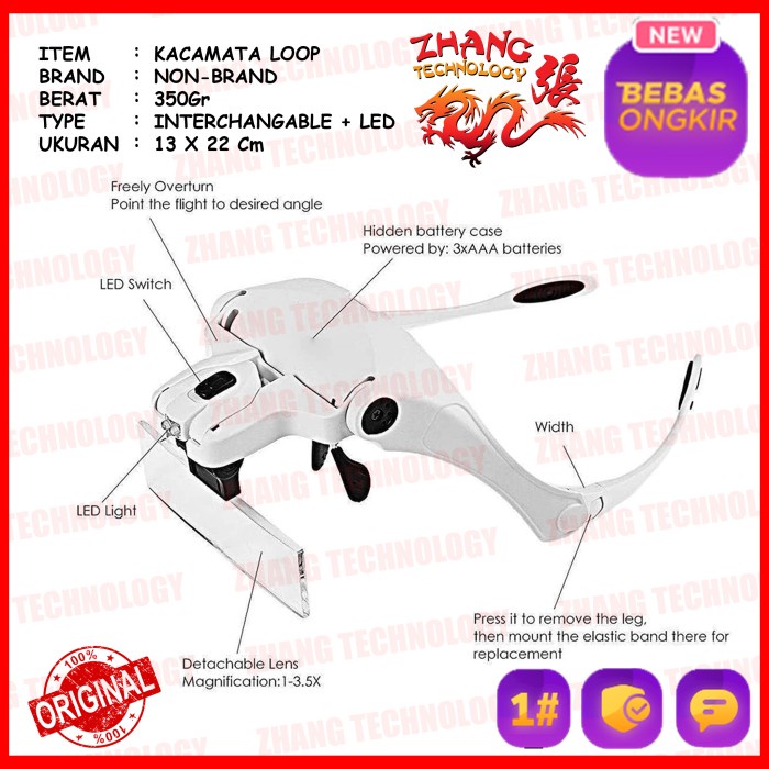 

HELM KACAMATA PEMBESAR REPARASI JAM 5X MAGNIFIER 2 LED 9892B2 ORIGINAL