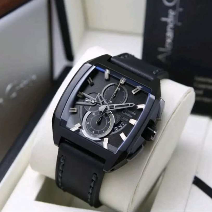 Jam Tangan Pria Alexandre Christie AC 6617 Full Black Leather Strap