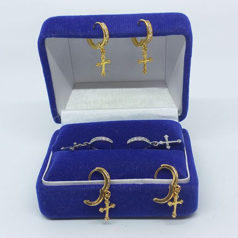 ANTING PERAK 925 ASLI LAPIS EMAS/ANTING JEPIT GANTUNG SALIB/ASLI SILVER/PERHIASAN ANTING