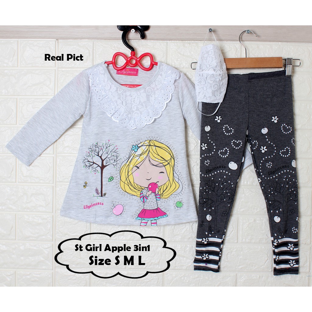 Set Girl Apple 3in1/Setelan Anak Bayi Ada Renda/Baju Anak Bayi Keren Murah/Celana Leging Panjang