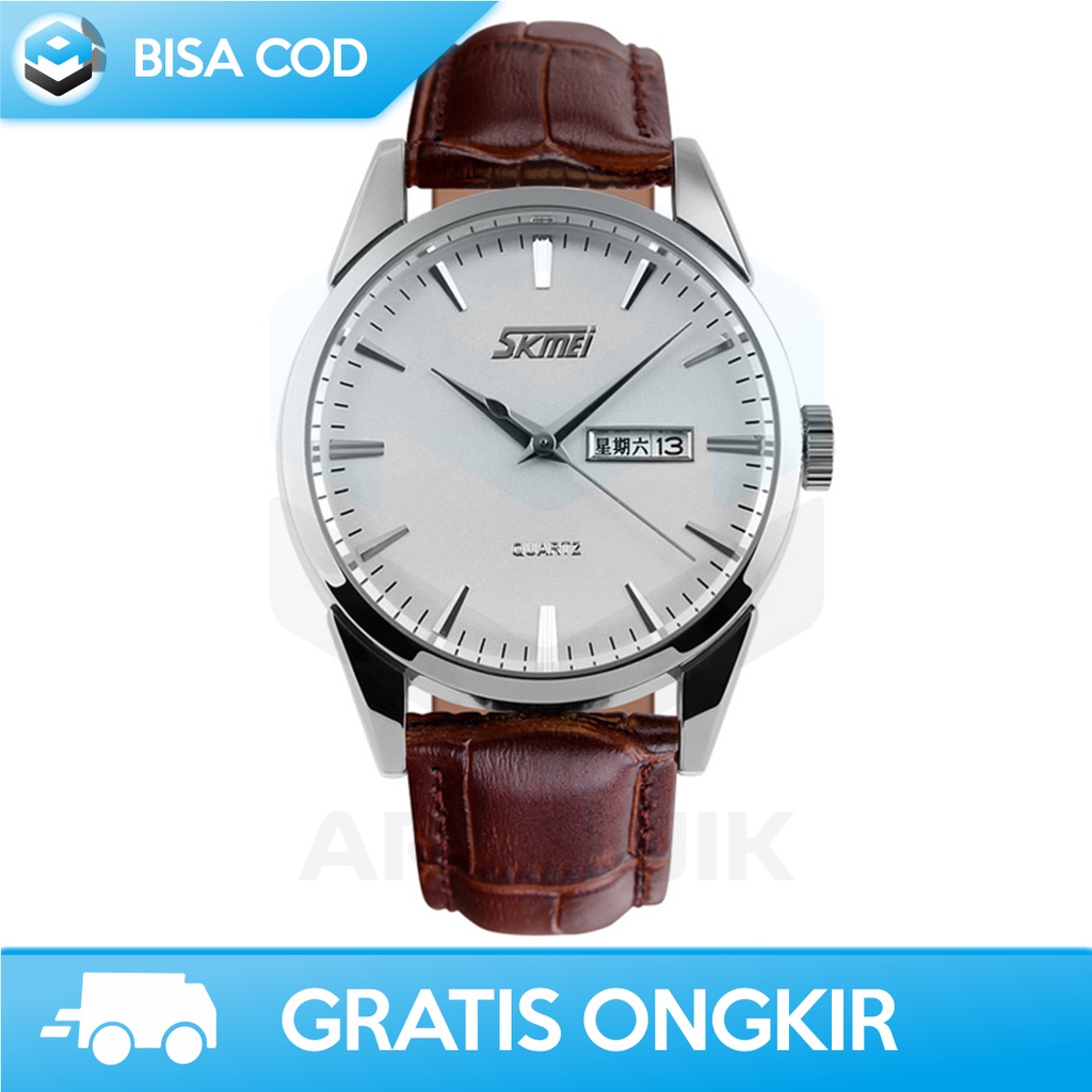 JAM TANGAN COWOK DEWASA KULIT ANALOG QUARTZ SKMEI 9073CL ORI TAHAN AIR