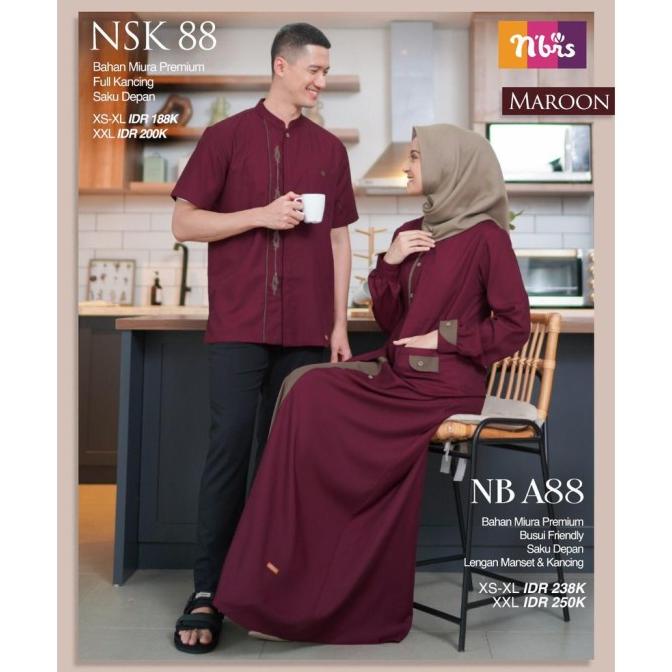 4Funu Baju Couple Pasangan Gamis Nibras 88 Maroon Sarimbit Keluarga Muslim D