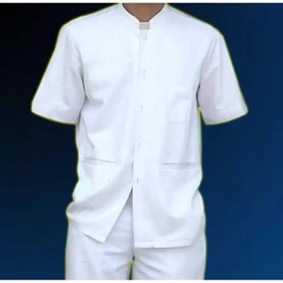 Baju jaga laki-laki,  baju perawat cowo putih lengan pendek,  baju scrubs, bahan standar medis