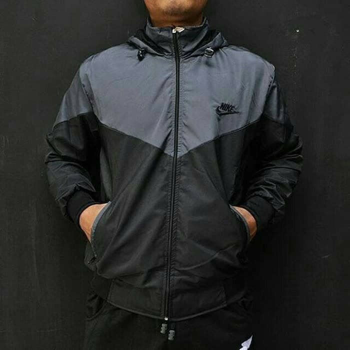 Jaket Pria Nike Parasut Windrunner Polos Sporty Olahraga Sepeda Running and Jogging-Abu tua hitam