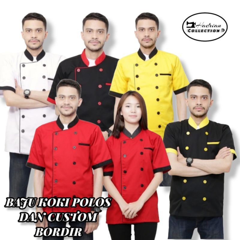 Baju koki Baju Chef Seragam Koki profesional Pria wanita ( unisex ) Bisa Custom Warna ,Bordir Nama dan Logo