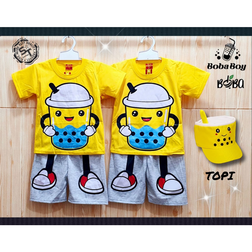 SETELAN BAJU ANAK BOBA MINUMAN KUNING GRATIS TOPI / BAJU ANAK BOBA GRATIS TOPI KUNING