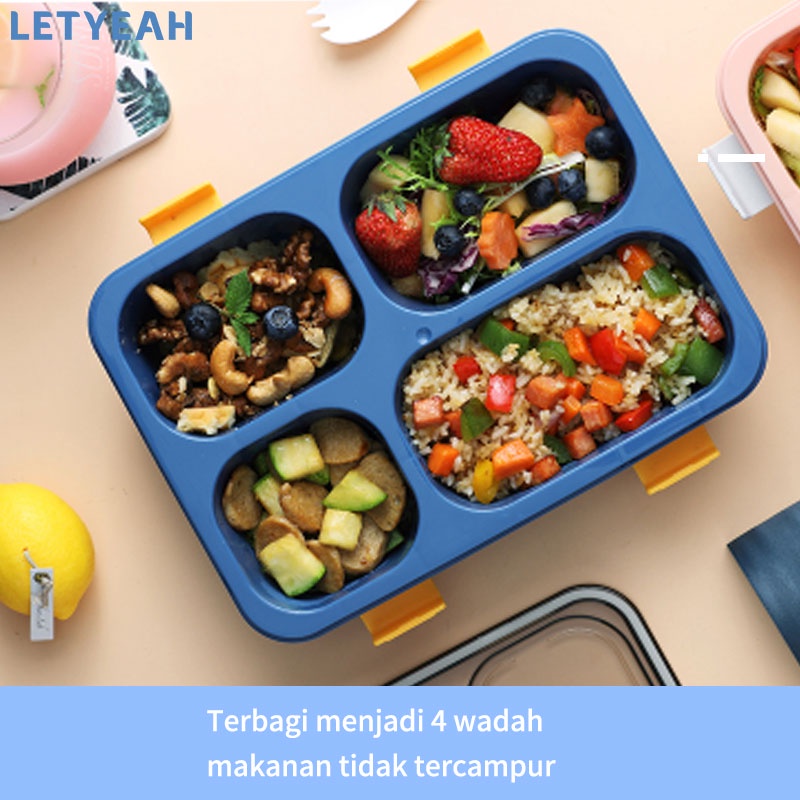 letyeah Lunch box 4 grid 1250ml/ Kotak makan anti tumpah/ Free sendok