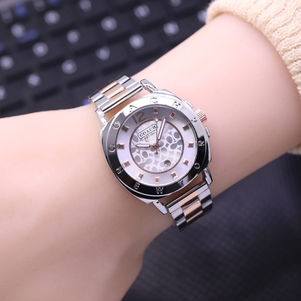 [DG] JAM TANGAN WANITA COACH RANTAI STAINLESS TANGGAL AKTIF DIAMETER 3,2 CM