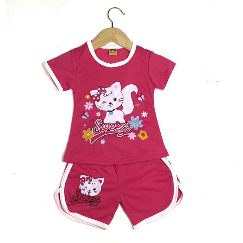 SETELAN BAJU ANAK PEREMPUAN SIJAMBUL NEW MOTIF SWEETY CAT 2-6 TAHUN