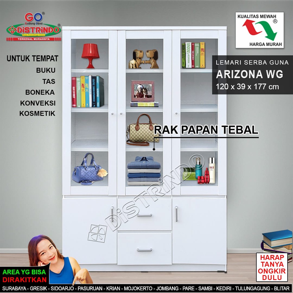 DISTRINDO Lemari Hias - Penyekat ruangan, Buku Etalase Putih Glossy Pintu Kaca Rak Papan Tebal Bisa 