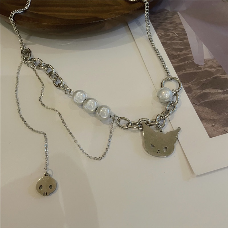 Reflective Pearl Cat Necklace Accessories Splicing Clavicle Chain Hip Hop All-match Trend