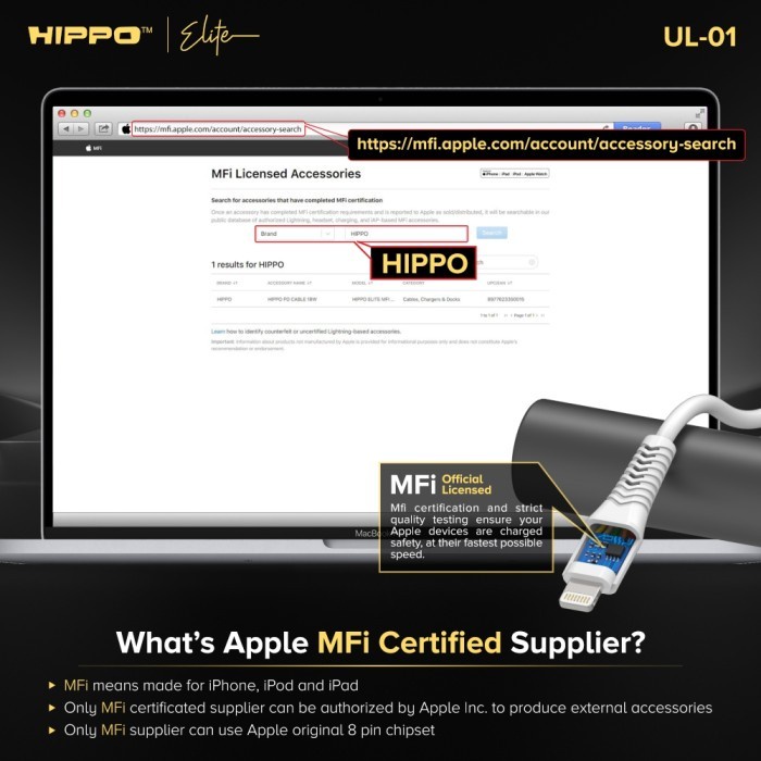 Hippo Elite UL-01 USB-C to Lightning Cable MFI Certification PD 20W