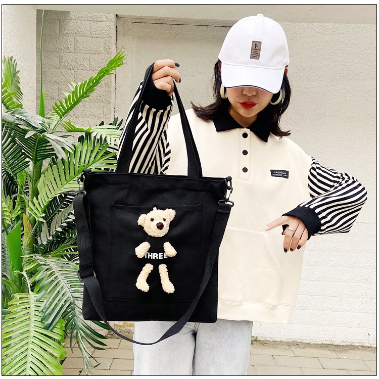 [littlecrab] Tote Bag Beruang Lucu Teddy Bear Unisex Totebag Timbul Unik Resleting Berkualitas Tas Tote Kuliah Sekolah Big Capacity Korean Style