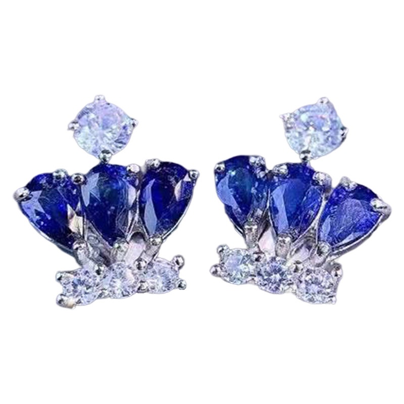 Anting Stud Desain Mahkota Tanzania Blue Sapphires Untuk Wanita