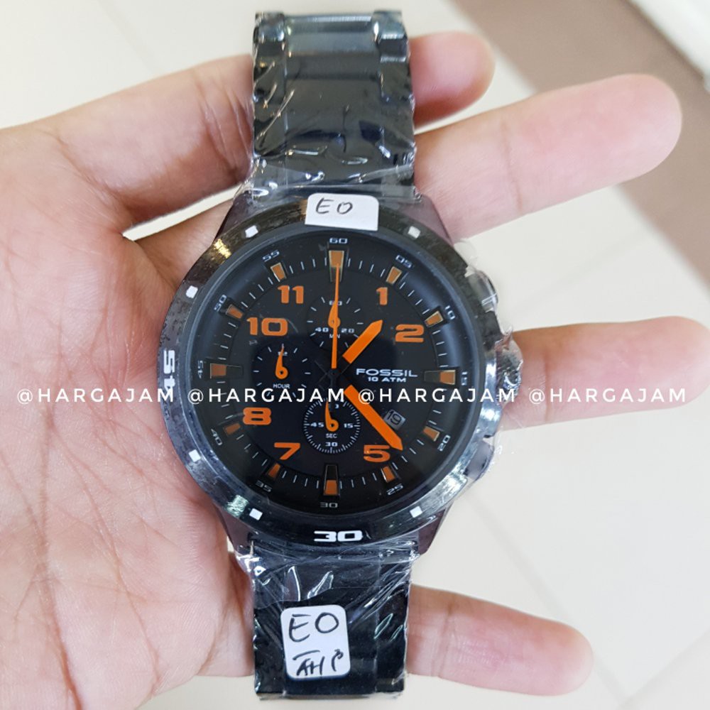 Jam Tangan Pria Black Fossil Chrono Super Quality Rantai Hitam Orange Stripe (hargajam stainless a