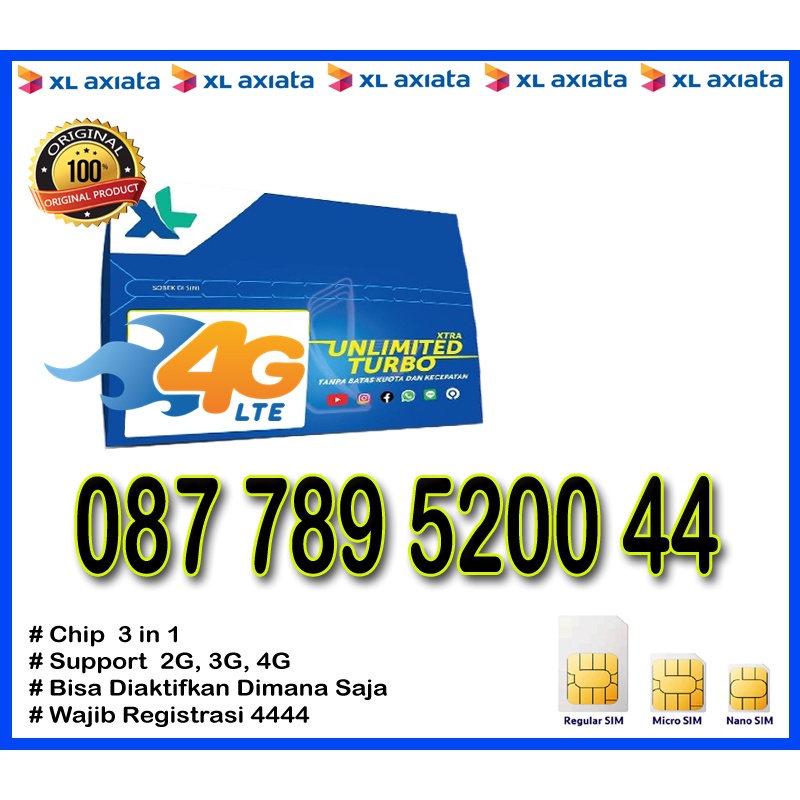 Nomor Cantik Perdana XL Axiata 4G LTE "087 789 5200 44"