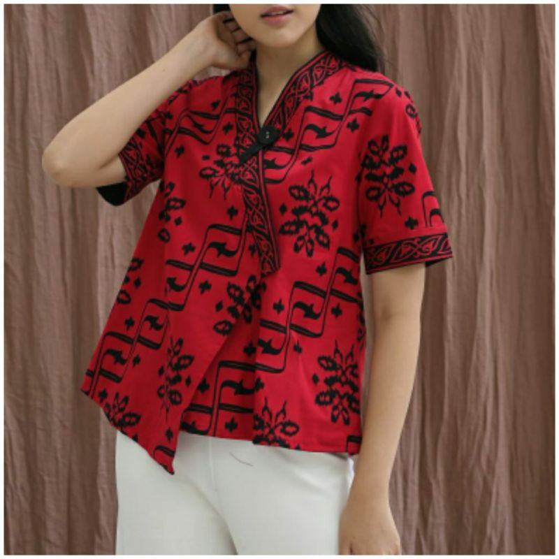 Atasan Blouse Batik Wanita Lengan Pendek Model Kimono Warna Merah Edisi Imlek, 267 Ado#katun Stretch