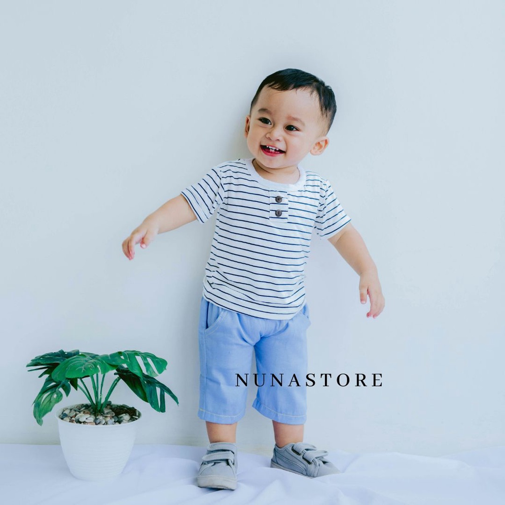 Nuna Store Setelan Kiano Baju Celana Bayi dan Anak Laki laki Perempuan STRIPE KANCING DUA Anak Unisex usia 0 - 2,5 Tahun