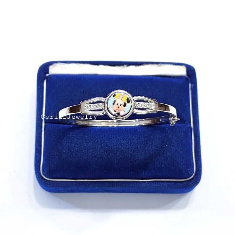 Gelang Perak Anak Asli Silver 925 Lapis Emas Putih Model Bangle Karateker Mickey - Perhiasan Anak