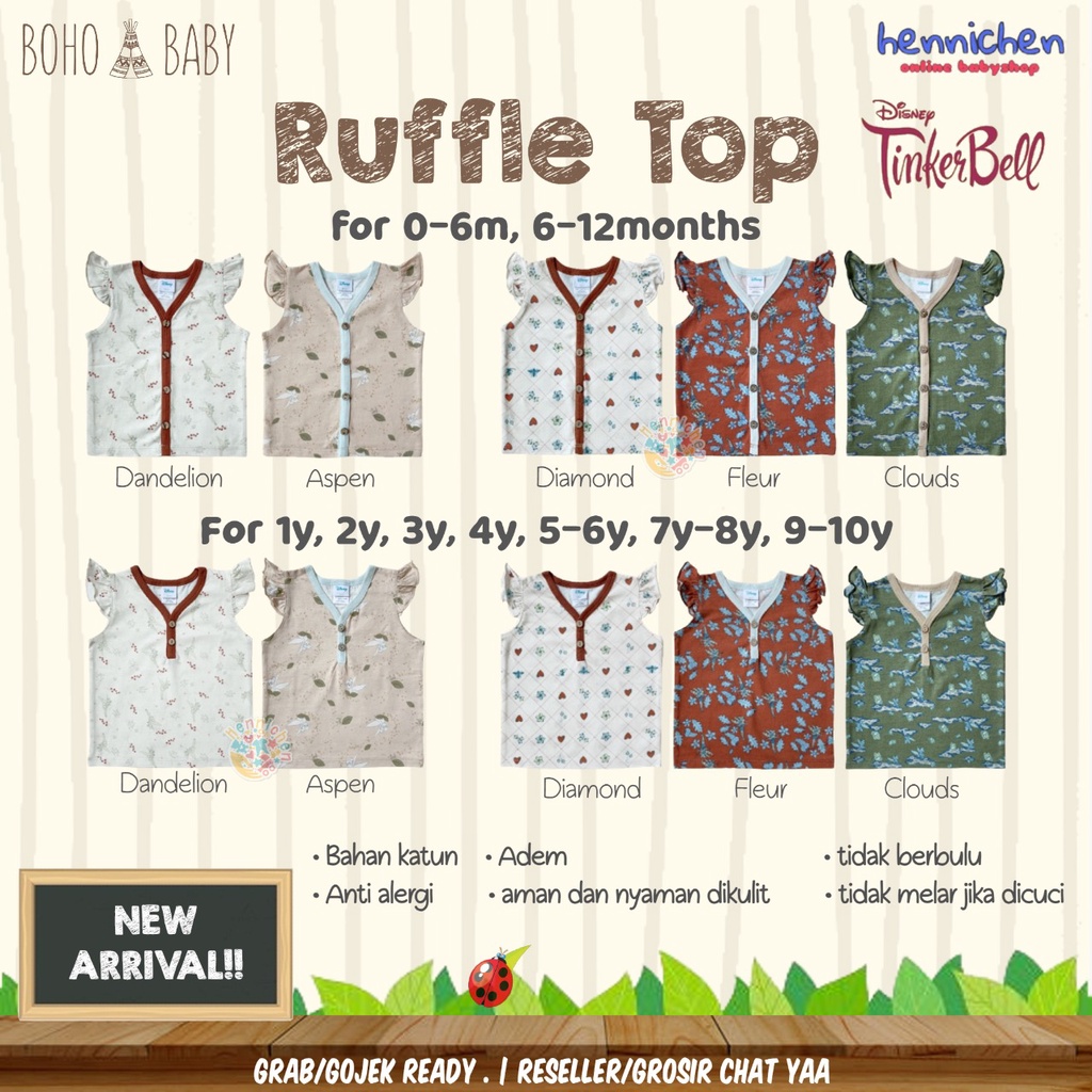 BOHOPANNA x DISNEY TINKER BELL RUFFLE TOP PRINT ATASAN BAYI ATASAN ANAK PEREMPUAN BOHOBABY 0-10 Tahun