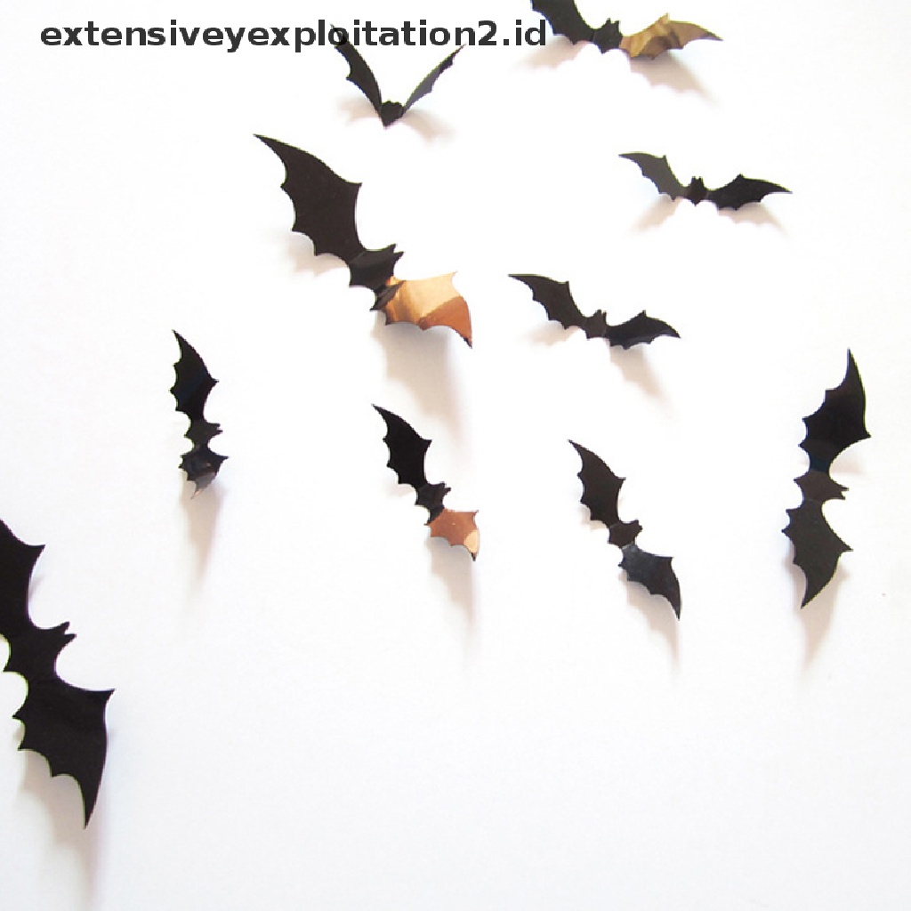 12pcs Stiker Kelelawar Hitam Pvc Pesta Halloween 3d Dinding