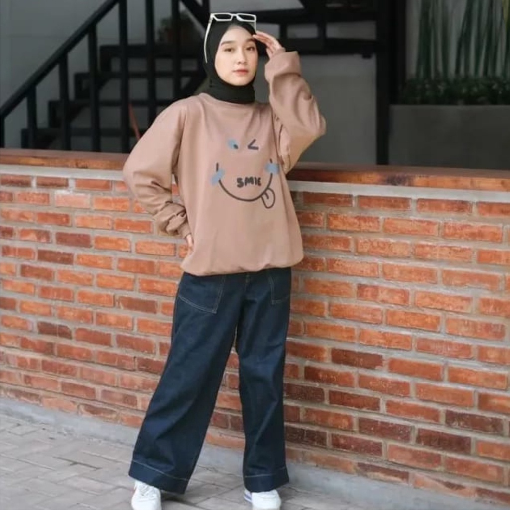 EMOTE SMILE Sweater Crewneck Oversize Wanita Korea Style Size M-L-XL-XXL Jumbo / Sweatshirt Wanita Terbaru / Sweater Hoodie WanitaTrendy /Jaket Wanita Modern-Bisa Bayar Ditempat COD