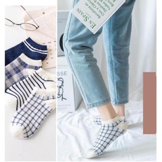 DF KK251 Kaos Kaki Wanita Motif Kotak Biru Fashion Korea Women Sock Import