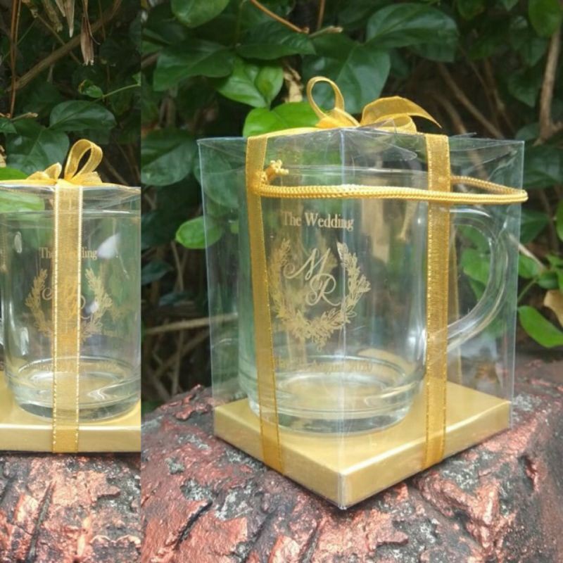 Souvenir gelas CG / gagang bening + custom nama + kemas mika