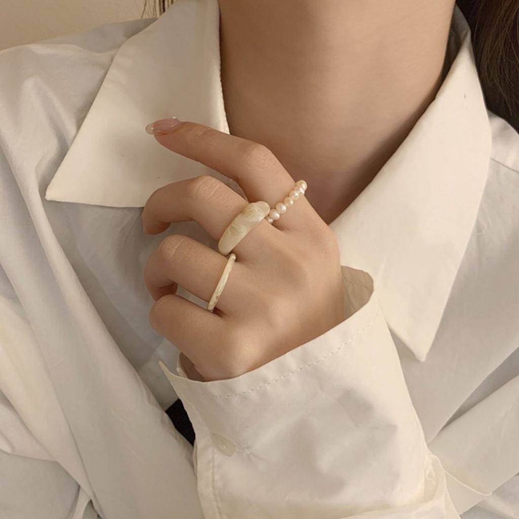 Hu Hu Hu Hu Hu Alat Bantu Pasang Kacamata♡ 3pcs / Set Cincin Jari Transparan Aksen Mutiara Imitasi Gaya Simple Untuk Wanita