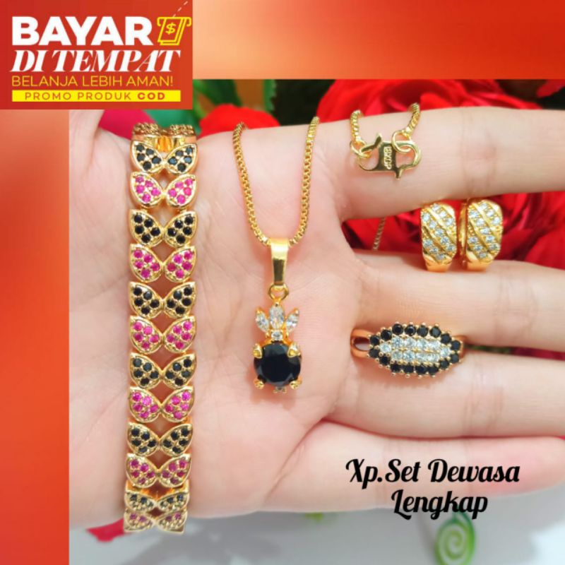 Set perhiasan Dewasa full kombinasi permata Hitam,emas tidak karat