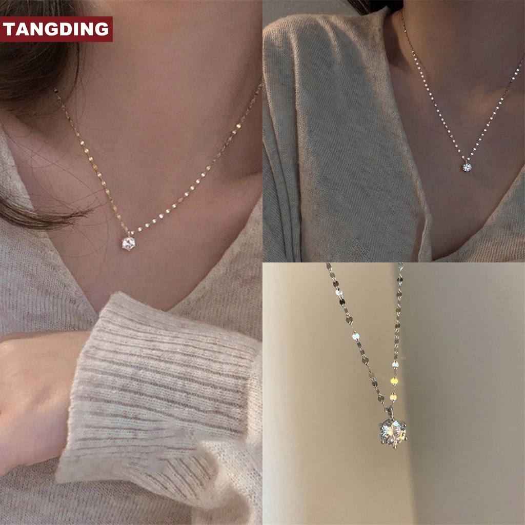 【COD Tangding】Simple Zircon Pendant Necklace Shining Korea Fashion Clavicle Chain Female Jewelry