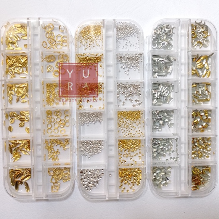 Hiasan kuku palsu nail art METAL AKSESORIS BOX ISI 12 DIY CASE RING ALL SHAPE / Handmade dekorasi accesories