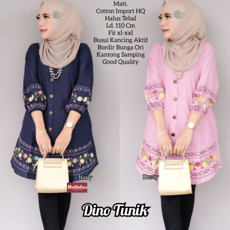 dinar tunik | tunik Dino | tunik katun import jumbo ld 110 xxl lengan balon bordir busui Pink navy