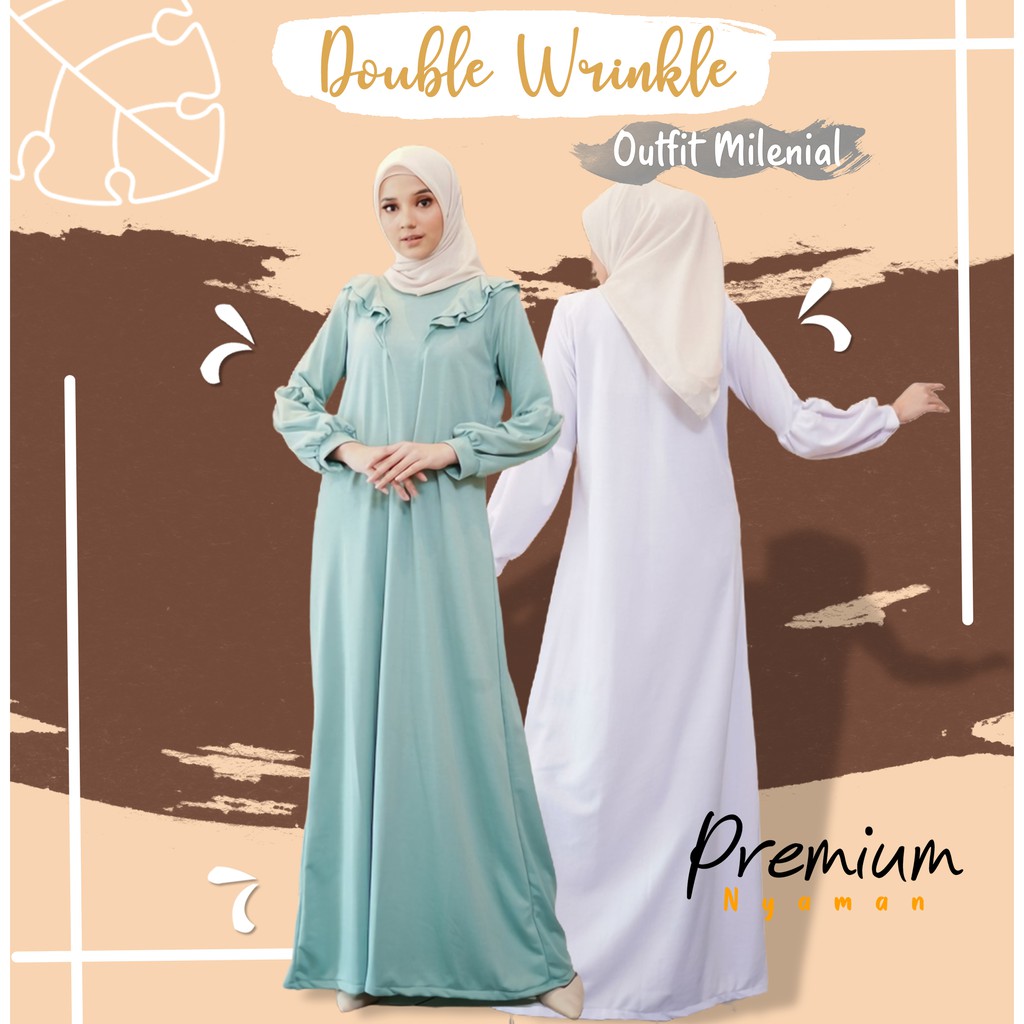 Gamis Lebaran Double Wrinkle Dress Wanita Dewasa Kekinian Baju Cewek Fashion Muslim Panjang Murah