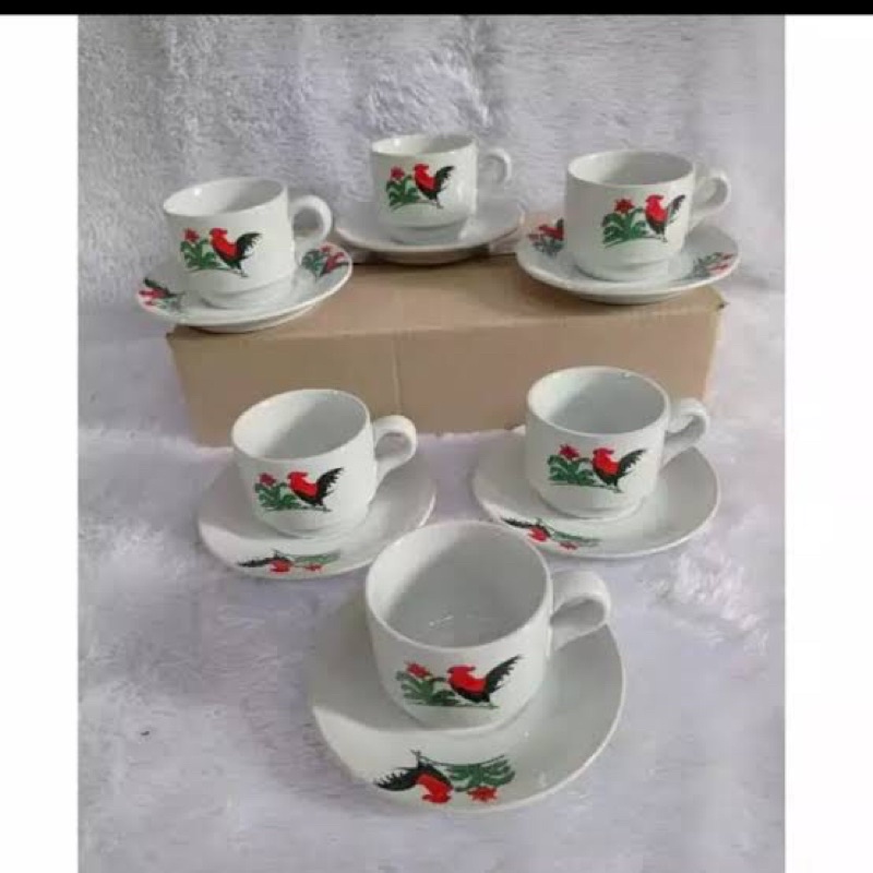 CANGKIR SET AYAM JAGO ISI 6 / TEA SET KERAMIK