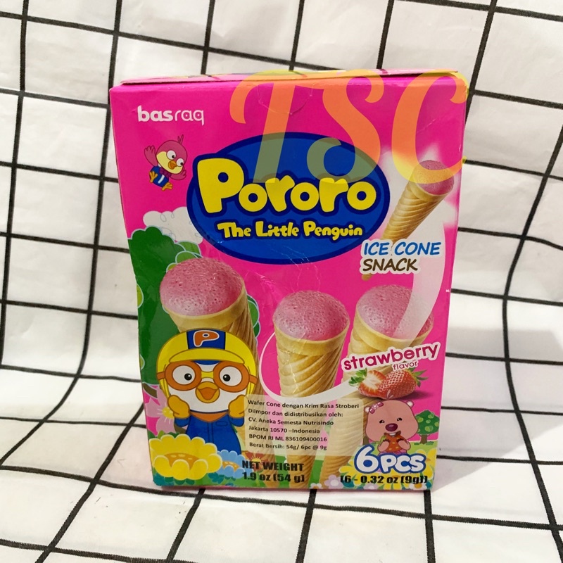 

Pororo Bingbing ice Cone Strawberry / Basraq / Pororo / The Little Pinguin / ice cone snack / wafer cone dengan krim rasa strawberry