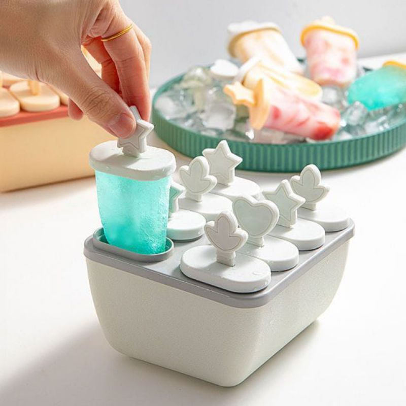 0Cetakan Es Krim Es Loli DIY 8 Kompartemen Cetakan Es Batu Silikon  Penutup 8 Kotak Ice Cube Tray Cetakan